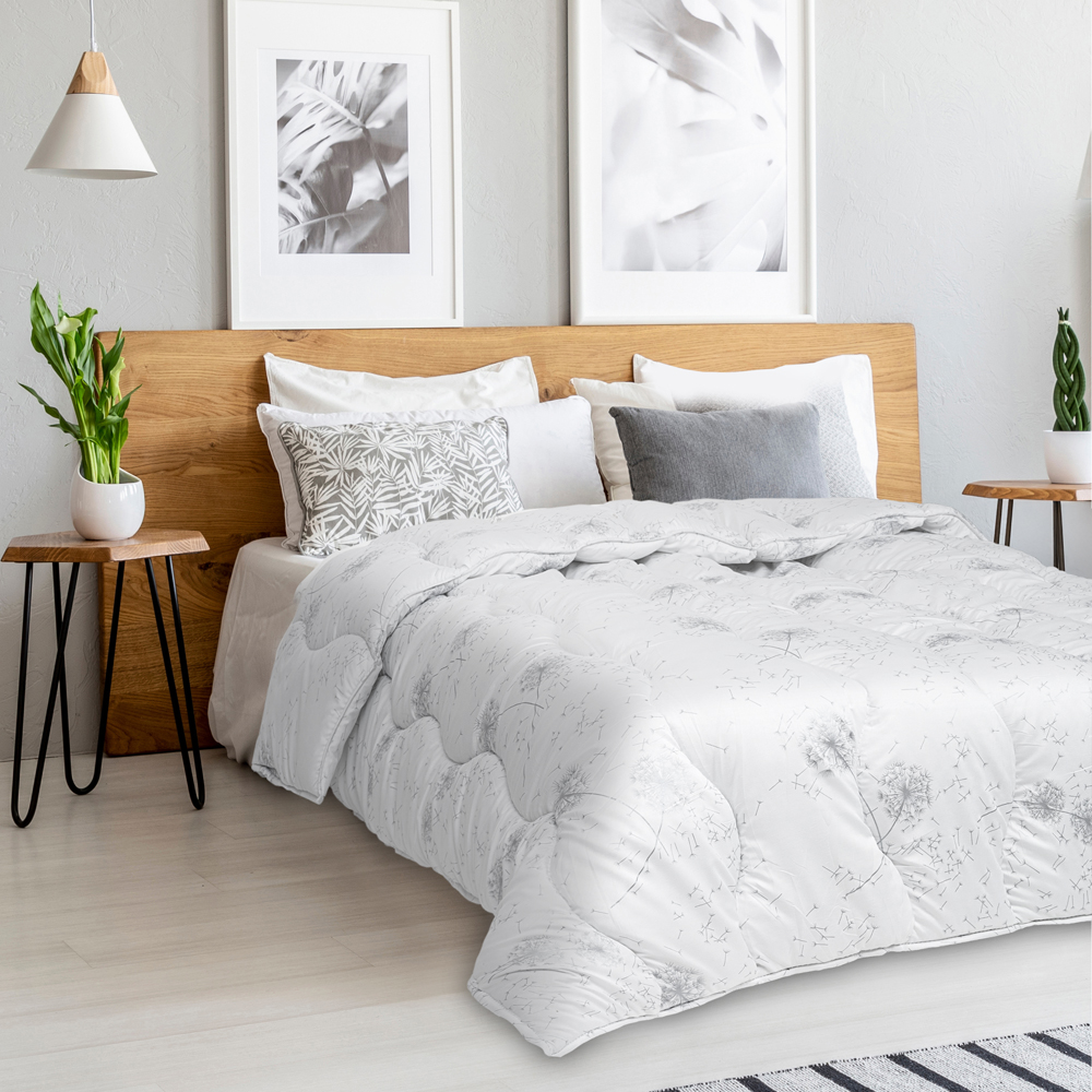 Striped carpet in grey bedroom interior with posters above bed w